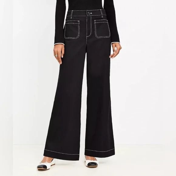 8 LOFT The Palmer Wide Leg Crop Pants Black Contrast Stitch - Picture 1 of 10